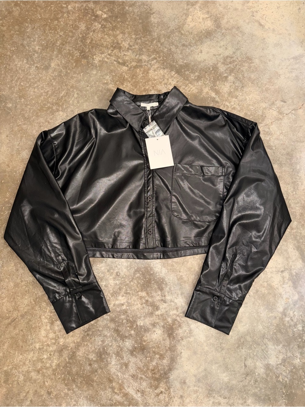 NIA NWT Black Faux Leather Cropped Button Down Shirt L Game Day Tailgate Fall